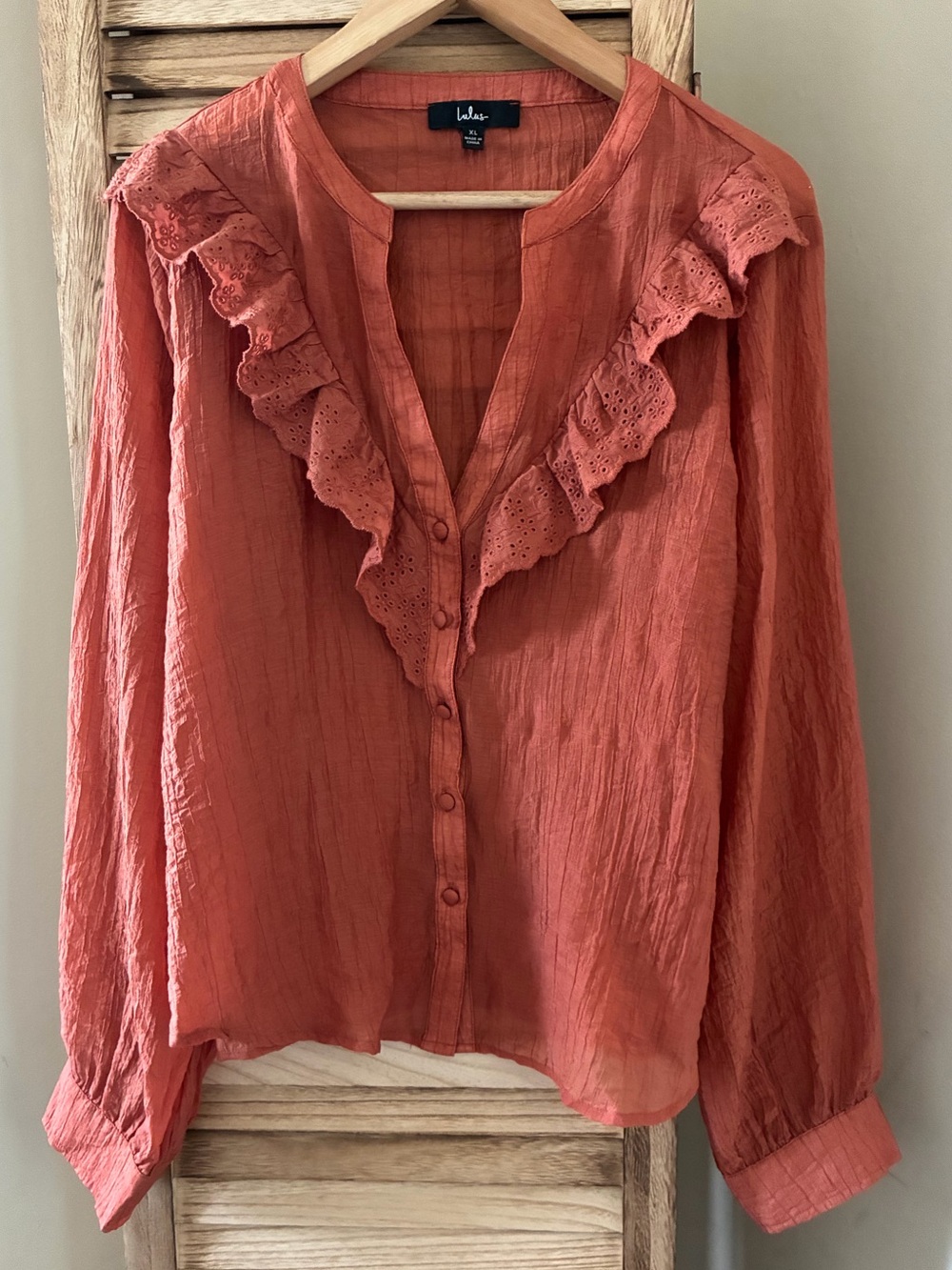 Lulus Rust Fall Orange Eyelet Ruffle Button Down Blouse Long Sleeve XL Bohemian